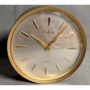 Vtg Sheffield Electric 7-Jewel Solid Brass Desk Clock Swiss Made MCM Working